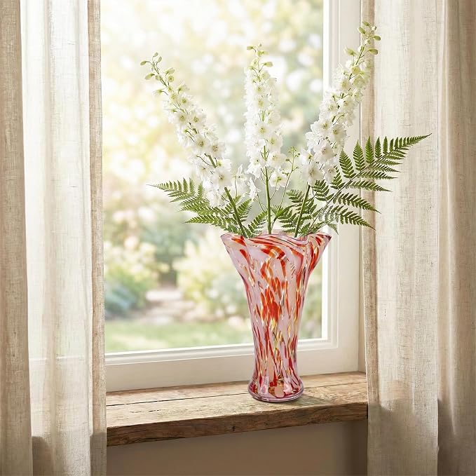 9.0" H Blush Pink Glass Vases for Flower, Unique Hand Blown Glass Vase | Wide - Image 3