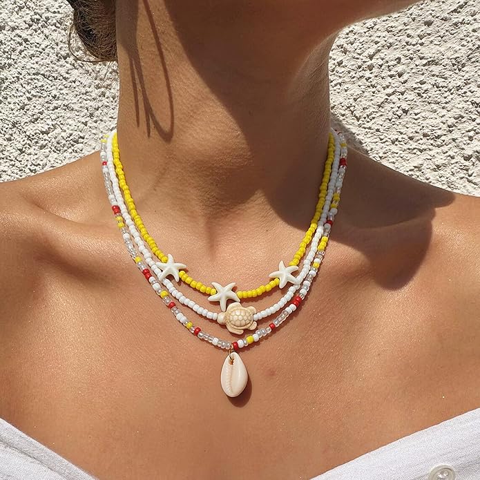 Women's Shell Starfish Boho Layered Beaded Necklace Choker for Summer Beach Vacation Gifts for Birthday/Anniversary/Christmas