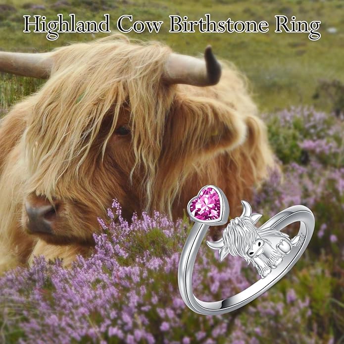 Highland Cow Ring 925 Sterling Silver Adjustable Ring Birthstone Ring Engraved Name Highland Cow Gifts Jewelry for Women