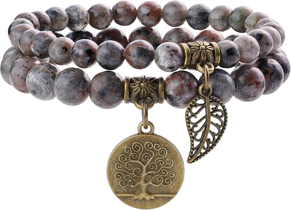 Bivei Natural Semi Precious Gemstone beads bracelet for women - Life Tree and Leaf Charm Energy Reiki Crystal Stretch Bracelets