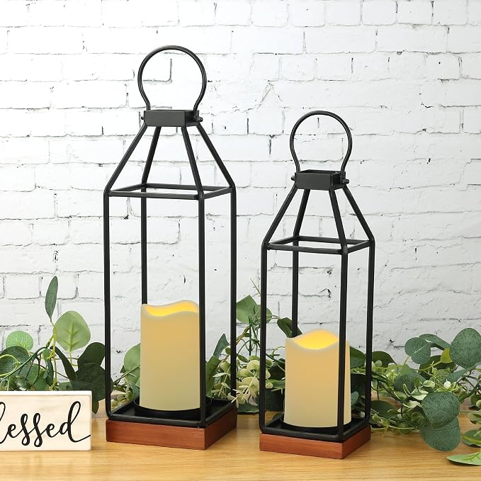Perfnique Metal Lanterns w/ Pine Wood, Modern Farmhouse Candle Holder - Image 2