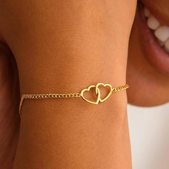 SLOONG Valentines Day Gifts for Her Gold Pearl Bracelets, 18K Real Gold Plated Dainty Stackable Snake Chain CZ Heart Pendant Bracelets, Layered Waterproof Jewelry Gift for Women Adjustable 6"+2"