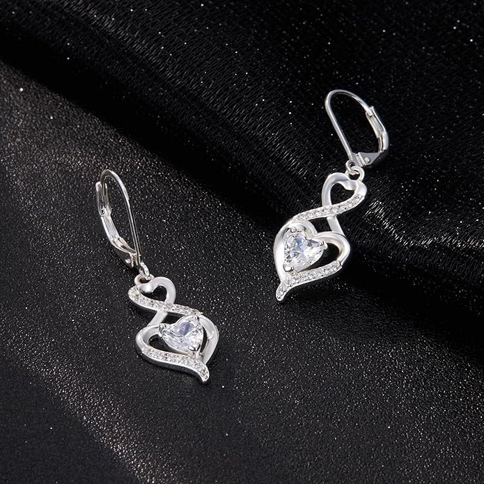 Sterling Silver Dangle Earrings for Women Trendy Hypoallergenic Leverback Silver Drop Earrings with Cubic Zirconia Double Twisted Infinity Heart Ball Charm Dangle Drop Earring Jewelry