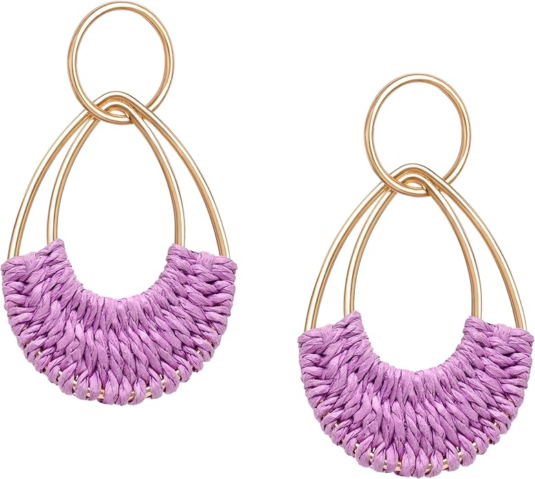 Raffia Hoop Earrings for Women Fun Boho Summer Beach Earrings Lightweight Handmade Straw Wicker Rattan Dangle Earrings Statement Geometric Round Drop Earrings