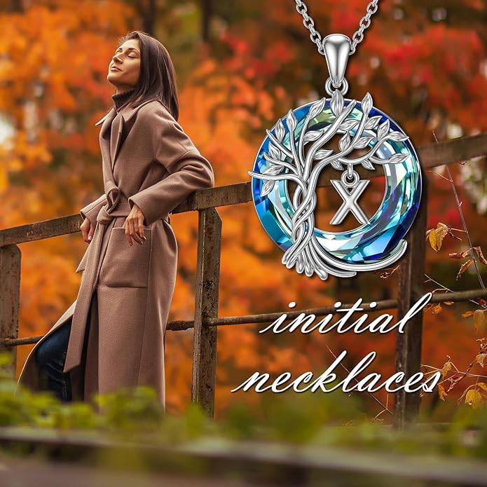 TOUPOP Gifts for Women Tree of Life Necklace 925 Sterling Silver Initial Pendant Family Tree Crystal Jewelry Valentine's Day Birthday Gifts for Her Mom Wife Girlfriend Daughter