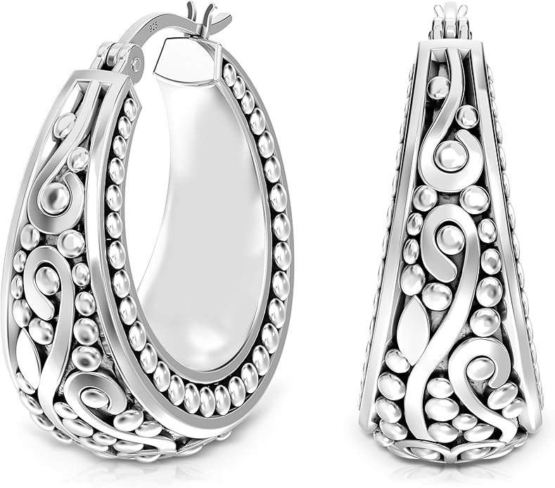 LeCalla 925 Sterling Silver Bali-Style Hoop Earrings Lightweight Click-Top Antique Two-Tone Beaded Italian Bali Style Earring Hoops for Women