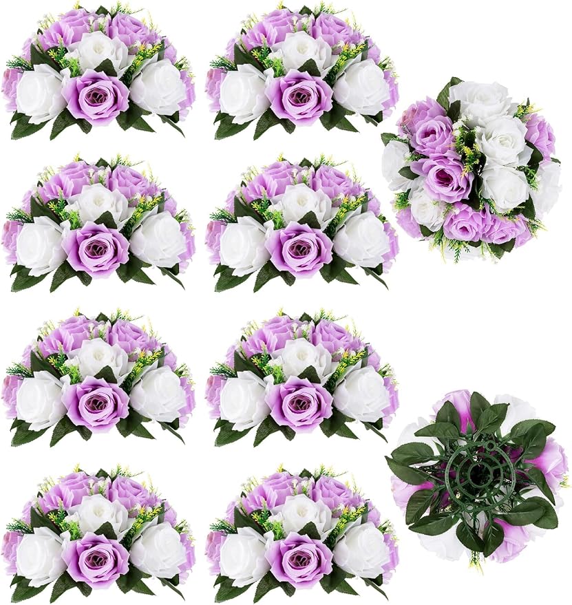 BLOSMON Lilac Flowers Balls for Centerpieces: 10 Pcs Purple White Fake Roses by Blosmon