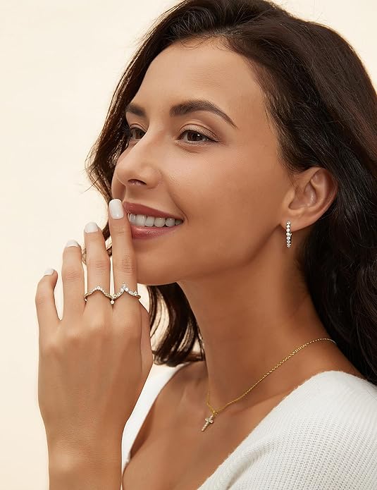 Mameloly Wedding Bands for Women Marquise & Round Shaped Stackable Cubic Zirconia CZ V Shape Curved Engagement Rings for Her Size 3-12