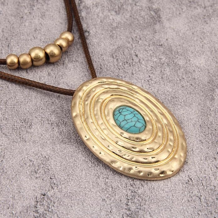 Boho Necklaces for Women Chunky Circle Necklace Layered Boho Circle Leather Choker Necklace Long Vintage Necklaces Bohemian Jewlery Gifts