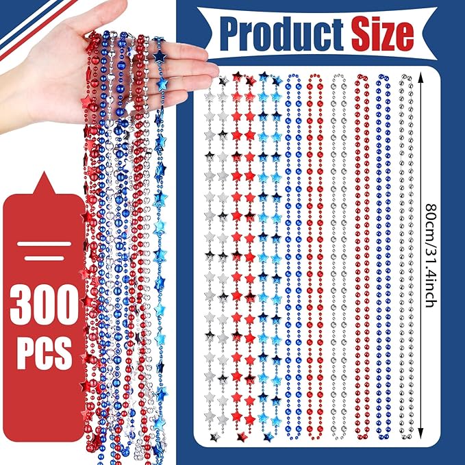 Kigeli 300 Pcs 4th of July Beads Necklaces Bulk Patriotic Red White Blue Beads Necklaces for Independent Day Party Favors Memorial Day Veterans Parade Throw Accessories(Classic Color,Stylish)