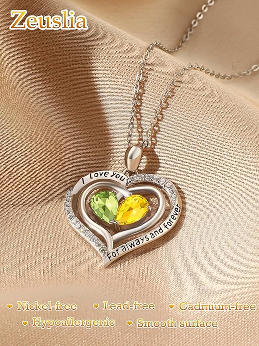 Valentine's Day Gifts for Wife 925 Sterling Silver Double Birthstone Pendant Necklaces I Love You for Always and Forever Necklace Anniversary Birthday Gifts for Wife Girlfriend Mom Her