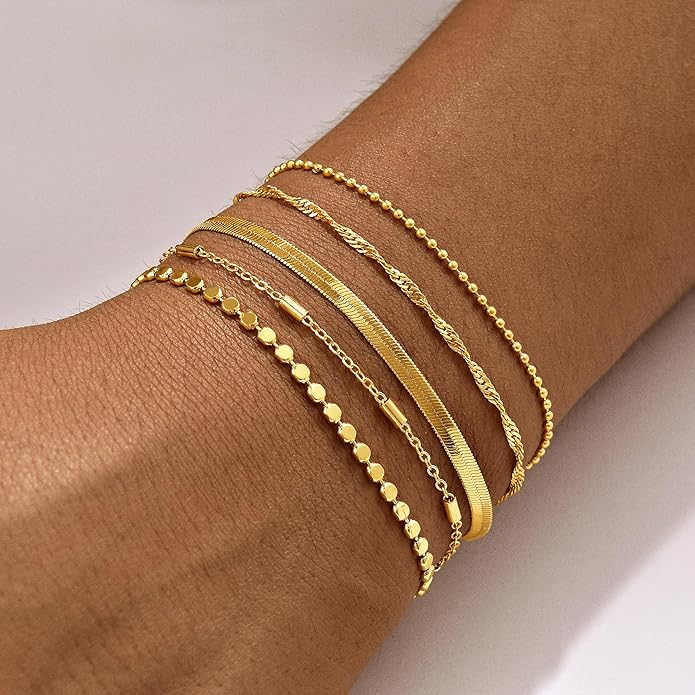 Gold Bracelets for Women, 14K Gold Plated Stackable Bracelet Stack Set Adjustable Charm Paperclip Chain Snake Link Layered Waterproof Jewelry Sets Gifts