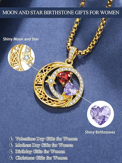 14K Gold Moon and Star Necklace Gifts for Women - Double Heart Birthstone Necklace, Valentines Wedding Anniversary Birthday Gifts for Her Wife Mom Daughter Grandma Sister