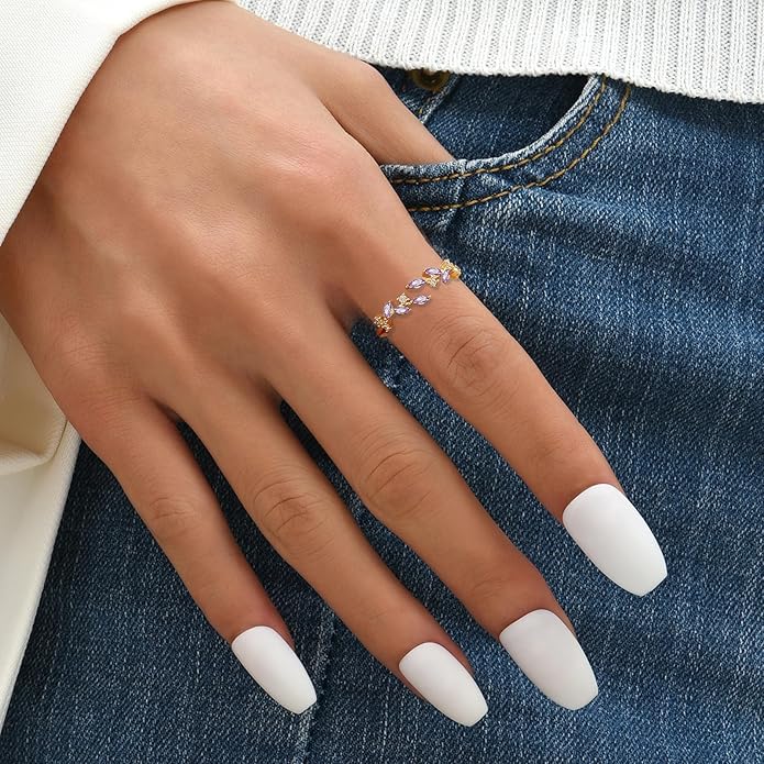Gold Rings Non Tarnish Silver Adjustable Rings for Women Cubic Zirconia Leaf Ring Dainty Silver Stackable Ring for Women