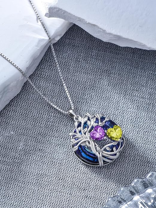 TOUPOP s925 Sterling Silver Family Celtic Tree of Life Pendant Necklaces with 2 Heart Birthstone with Blue Austrian Crystal Jewelry Birthday Valentines Day Gifts for Her, Anniversary Christmas Gifts for Wife Girlfriend Mom (18K Real White Gold Filled)