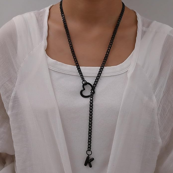 Black Heart Slip Chain Initial Necklaces for Women,Stainless Steel O-Ring Adjustable Lariat Heart Y-Necklace,Punk Gothic Cuban Collar Choker Necklace for women