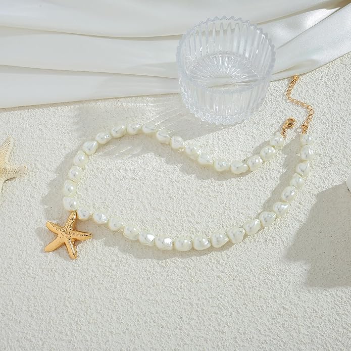 WOWORAMA Gold Necklace for Women Boho Spiral Conch Shell Necklace Starfish Necklace Vintage Ocean Sea Shell Choker Pendant Necklace Adjustable Summer Beach Jewelry