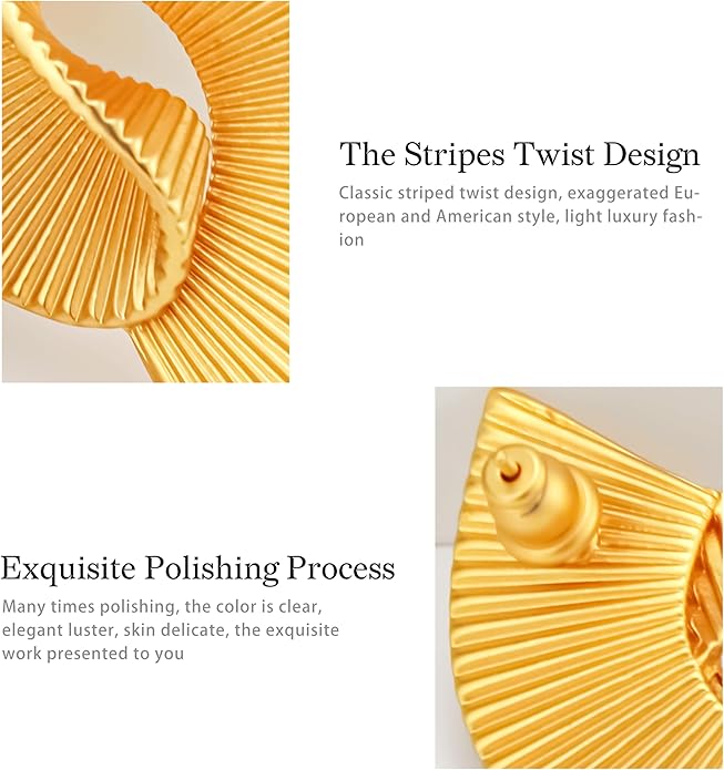 18K Gold Dangle Earrings for Women, Thick and Sturdy Hypoallergenic Exaggerated Striped Twist Fashion Jewelry Versatile Luxury Gifts.