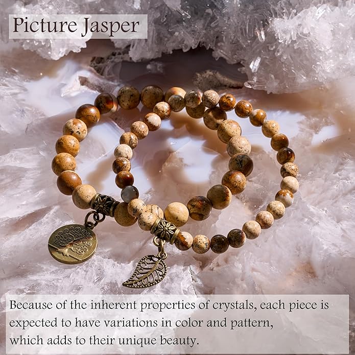 Bivei Natural Semi Precious Gemstone beads bracelet for women - Life Tree and Leaf Charm Energy Reiki Crystal Stretch Bracelets