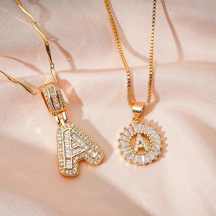 Letter Necklace 14k Gold Plated Bling Dainty Necklaces Trendy Chunky Custom Name Necklace Personalized Round Circle Pendant Zirconia Letters Name Crystal Jewelry Gifts for Women