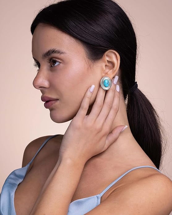 18K gold plated Medium Oval Button Chunky Statement Earrings for Women by SNGIA, (Turquoise, Carnelian, Aventurine, Amethyst, Malachite, Cat Eye, White, Cream) Bold Handmade Colored (Red, Blue, Green, White, Cream, Purple) Exaggerated Dome Retro Rounde...