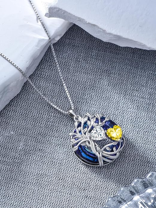 TOUPOP s925 Sterling Silver Family Celtic Tree of Life Pendant Necklaces with 2 Heart Birthstone with Blue Austrian Crystal Jewelry Birthday Valentines Day Gifts for Her, Anniversary Christmas Gifts for Wife Girlfriend Mom (18K Real White Gold Filled)