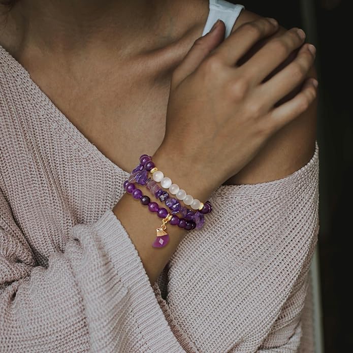 Healing Crystal Beaded Bracelets for Women,Natural Amethyst Gemstones Bracelet,Anxiety Stress Relief Heart Charm Bracelet Handmade purple Jewelry Gifts for Women