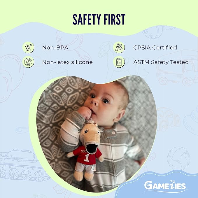 Gamezies Baby Boy and Girl Silicone University of Oklahoma Bloomer Plush Pacifier Collegiately Licensed, Boomer, Removable, Washable Plush Toy CPSIA Tested, BPA-Free 0-6 Months