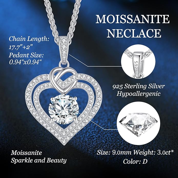 OOBEE Valentines Day Gift Moissanite Heart Necklaces for Women, 1- 4 Carat Moissanite 925 Sterling Silver 14K Gold Plated Pendant Necklace, Ideal Anniversary Birthday Christmas Mothers Day Jewelry Gifts for Mom Wife Her Girlfriend Daughter