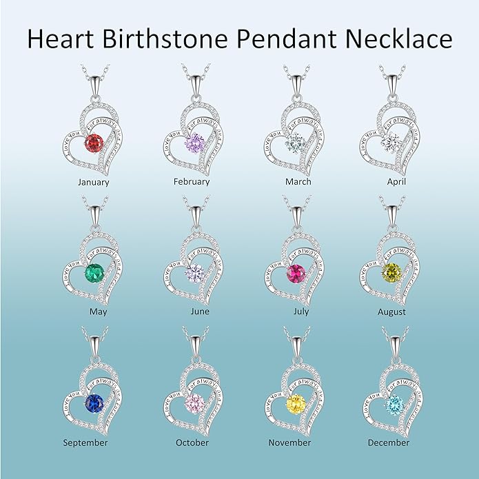 Birthday Gifts Double Heart Birthstone Necklace for Women, S925 Sterling Silver Pendant Necklace Jewelry for Her Mother Mom Wife Girlfriend