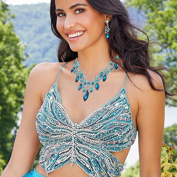 BriLove Women's Costume Fashion Crystal Floral Vine Leaf Statement Necklace Dangle Earrings Set