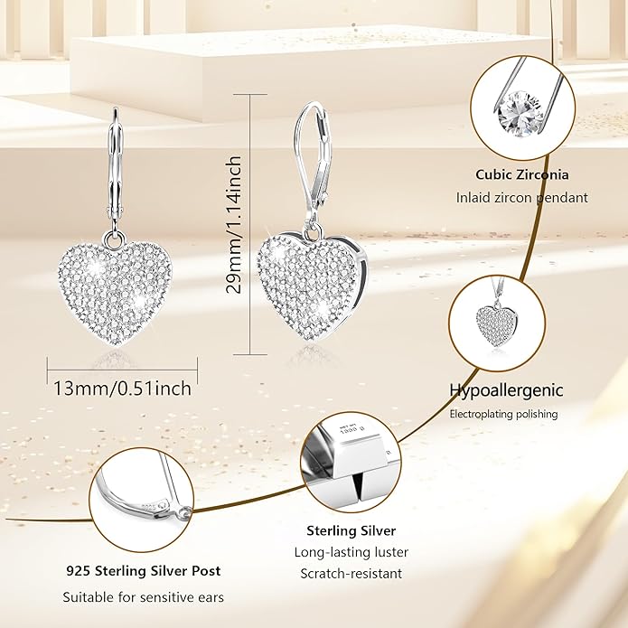 ALEXCRAFT 925 Sterling Silver Dangle Earrings, 14K Gold Plated Heart Waterdrop Earring for Women Trendy Hypoallergenic Leverback Earings Wedding Cubic Zirconia Dangle Earrings Jewelry for Women