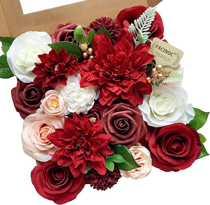 FACINOC Roses Artificial Flowers Red Bouquet Box Set Fake Flower by FACINOC