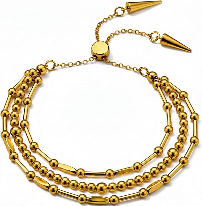 Adjustable Brass Bracelet for Women – Multi-Strand Bead and Bar Chain Design with Sliding Clasp, Minimalist Fashion Jewelry for Everyday Wear and Gifting