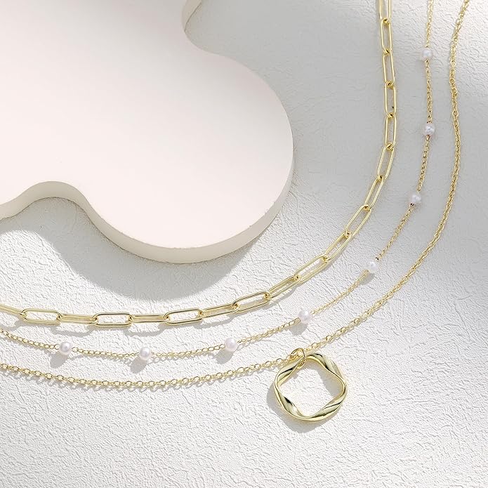 Evabelle Gold Layered Necklace for Women Trendy Jewelry 14K Real Gold Plated Chunky Chain Stackable Necklaces Dainty Choker Necklaces Rectangle Square Pendant