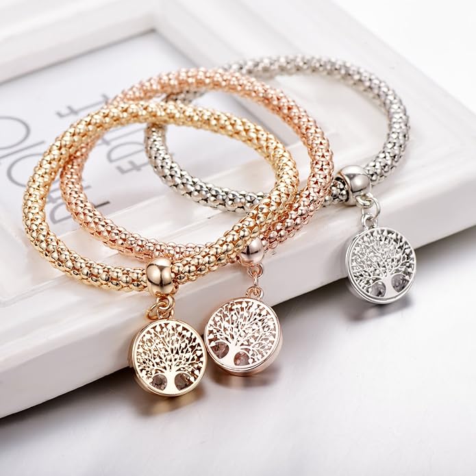 Crystal Charms Multilayer Bracelets - 3PCS Gold/Silver/Rose Gold Corn Chain Bracelet for Women, Tree of Life Heart Shaped Stretch Bracelet