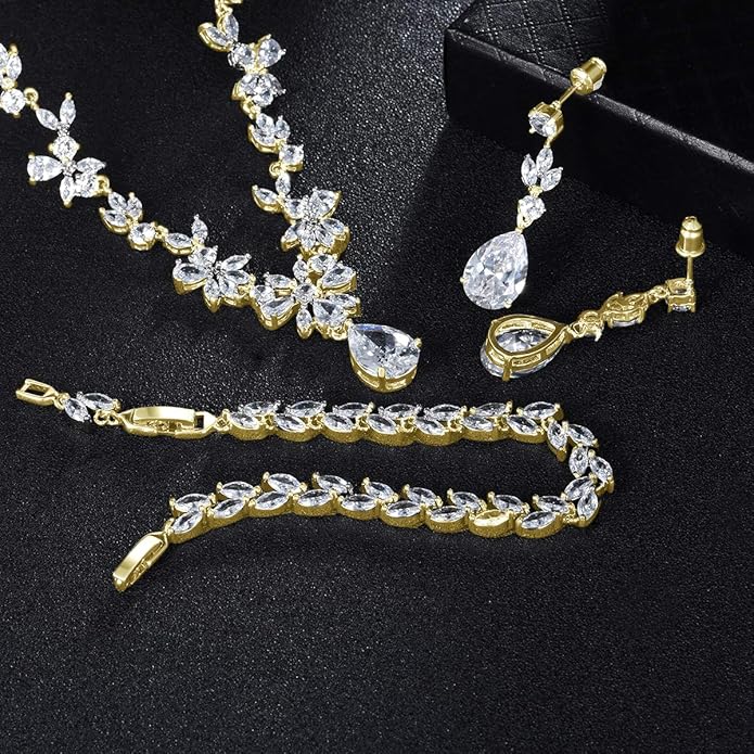 Hadskiss Jewelry Set for Women, Necklace Dangle Earrings Bracelet Set with White AAA Cubic Zirconia, Allergy Free Wedding Party Jewelry for Bridal Bridesmaid