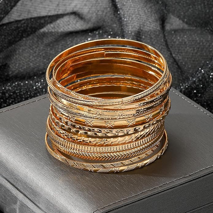 17IF Gold Bangle Bracelet For Women, 14k Multilayer Charm Textured Stackable Bracelets Boho Indian Chunky Cuff Fashion Jewelry Gift