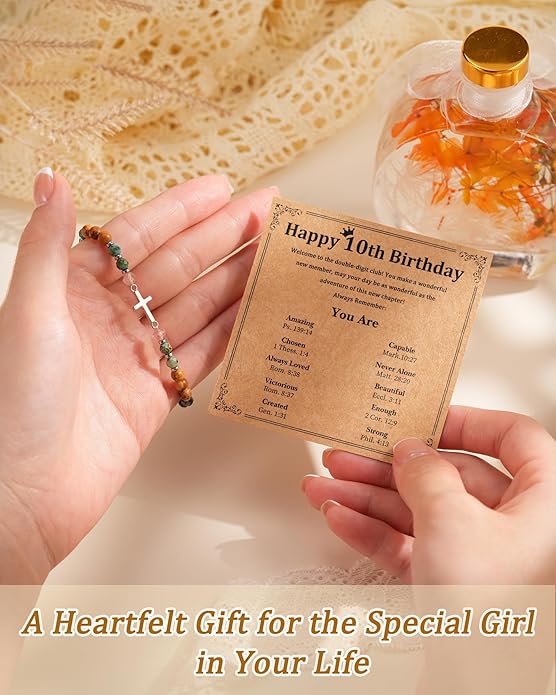 Cross Bracelet for Girls 10 13 16 Year Old Birthday Gifts, Natural Stone Adjustable Christian Jewelry with Inspirational Card for Daughter Granddaughter Niece