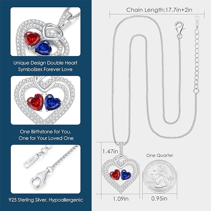LOUISA SECRET Sparkling Double Heart Birthstone Necklaces for Women, 925 Sterling Silver Fine Jewelry, Pendant Heart Necklaces Birthday Anniversary Christmas Gift for Women Wife Mom Girlfriend Lady