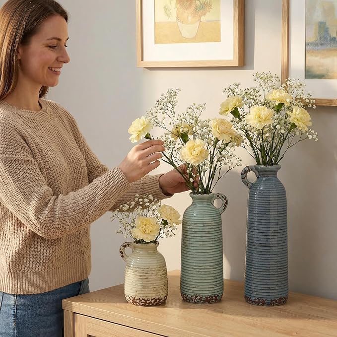 Ceramic Vase Set of 3 with Handles, Versatile as Table Centerpiece or Mantel & - Image 6