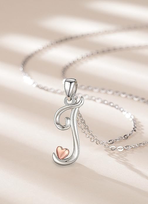 CELESTIA 925 Sterling Silver Initial Necklaces 26 Letter with Rose Gold Heart - 18 Inch Chain