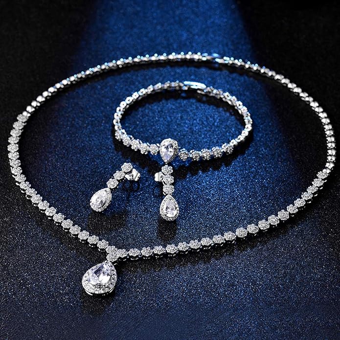Hadskiss Jewelry Set for Women, Necklace Dangle Earrings Bracelet Set with White AAA Cubic Zirconia, Allergy Free Wedding Party Jewelry for Bridal Bridesmaid