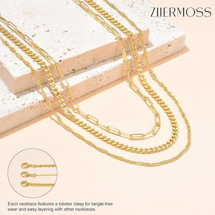 3PCS Gold Necklaces for Women,Chunky Statement Gold Plated Necklace Stack Layered Sterling Silver Herringbone Chains for Women Dainty Trendy Silver Chains Stacked Jewelry Gifts