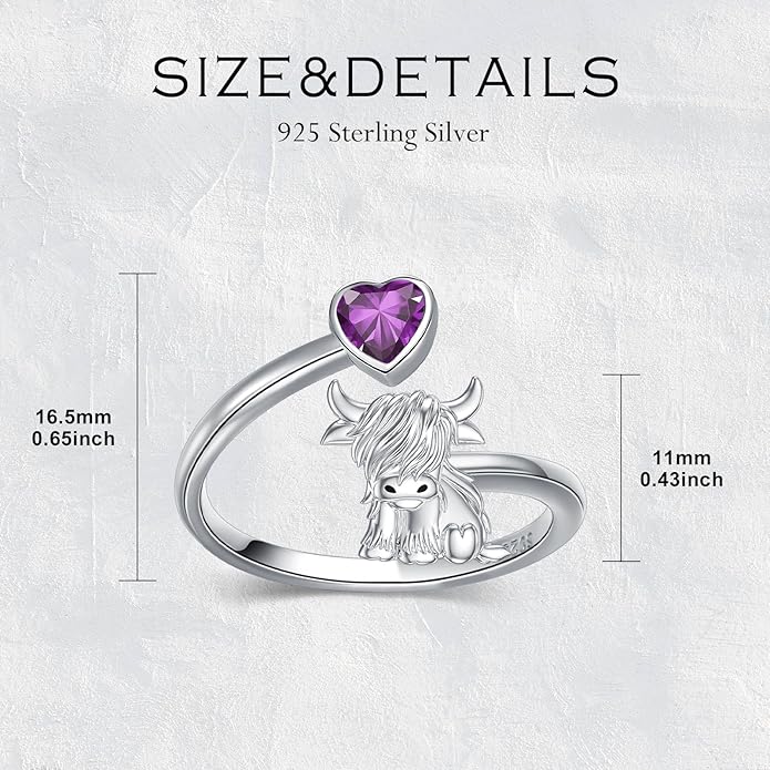 Highland Cow Ring 925 Sterling Silver Adjustable Ring Birthstone Ring Engraved Name Highland Cow Gifts Jewelry for Women