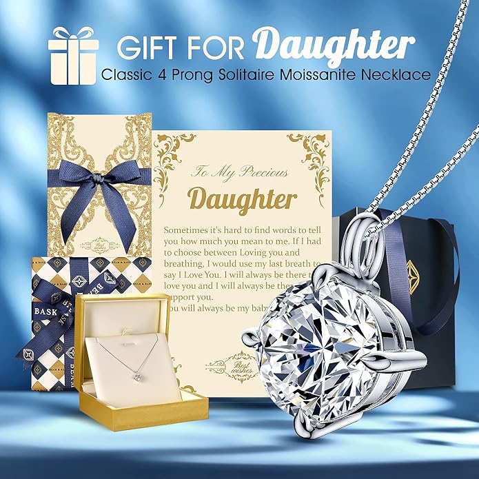Beam & Bask Adult Daughter Necklace from Mom Dad, Birthday Wedding Graduation Pendant for Daughter from Mother Father, Silver Moissanite Jewelry for Her