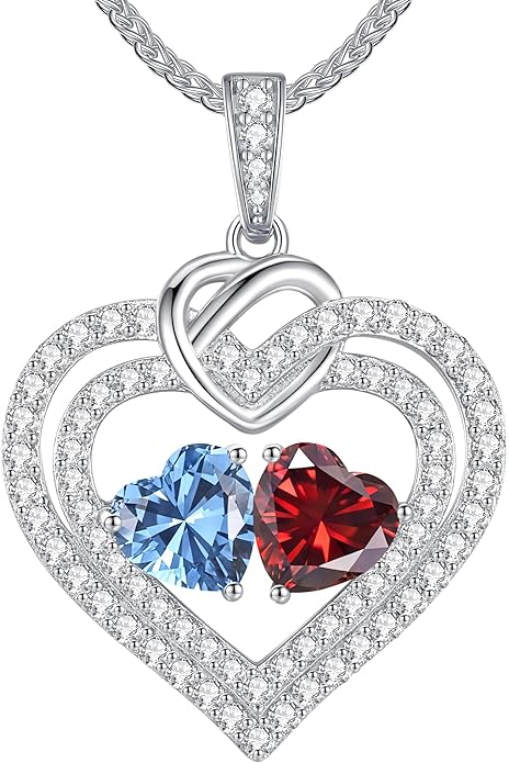LOUISA SECRET Sparkling Double Heart Birthstone Necklaces for Women, 925 Sterling Silver Fine Jewelry, Pendant Heart Necklaces Birthday Anniversary Christmas Gift for Women Wife Mom Girlfriend Lady