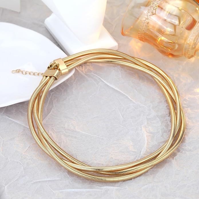 Chunky Gold Necklace for Women, Bold Big Wrap Choker Necklace for Women Gold Statement Necklace Lightweight Alloy Non-Tarnish Silver/Gold Collar Necklace Gold Choker Necklace Valentines Day Gifts for Her