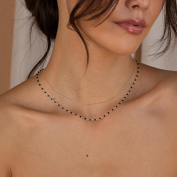 CHESKY 14k Gold Plated/Silver Plated Dainty Necklace for Women, Trendy Satellite Choker Necklace Thin Beaded Layered Choker Necklaces Discs Paperclip Chain Necklaces Womens Simple Jewelry