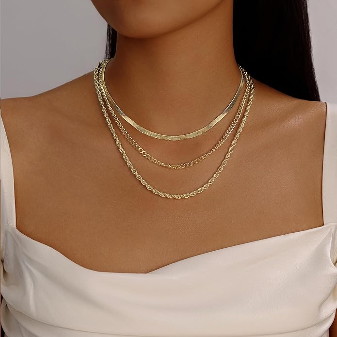Evabelle Gold Layered Necklace for Women Trendy Jewelry 14K Real Gold Plated Chunky Chain Stackable Necklaces Dainty Choker Necklaces Rectangle Square Pendant